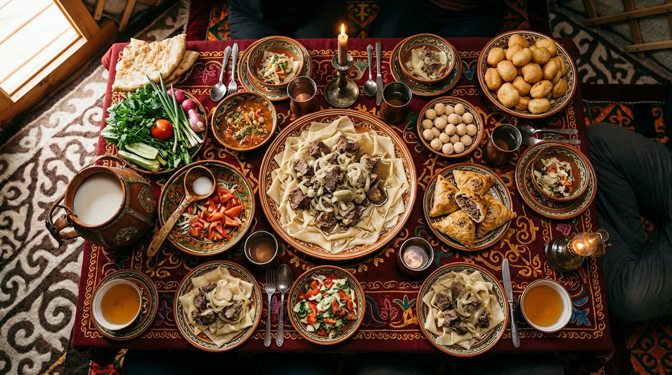 Traditional Kazakh dastarkhan feast table
