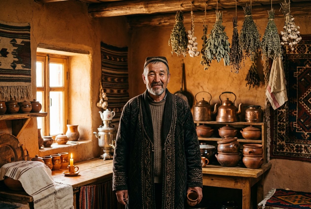Alexandr Kisselyov in a traditional Kazakh kitchen